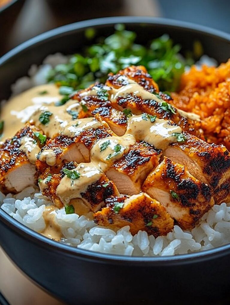 Chicken & Rice Bowls with Creamy Garlic Sauce – A Weeknight Favorite That Brings Everyone Together 🍗🍚